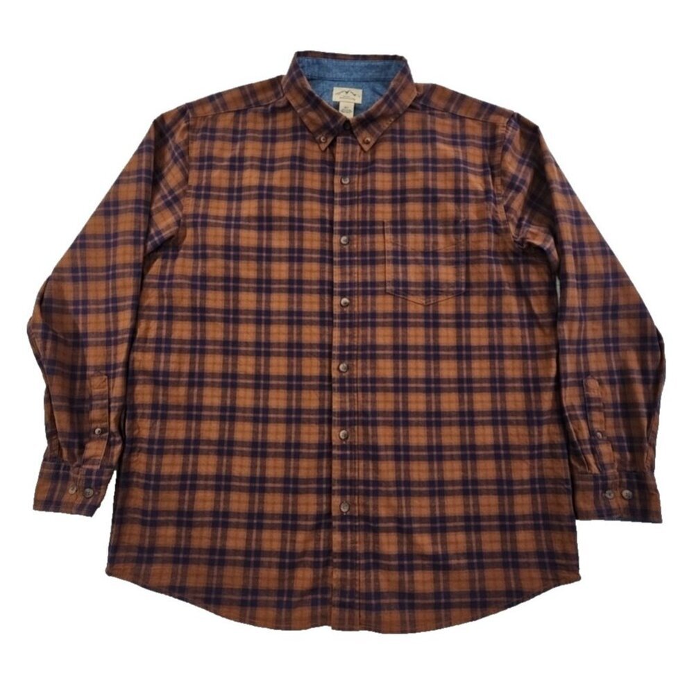 Blue Mountain‎ Flannel Shirt Men's XLT Brown Blue Plaid EUC Cotton Long Sleeve
